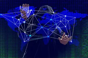 Hacker working with world map on virtual screen against dark background. Threat of global cyber attack