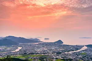 Hagi, Yamaguchi, Japan town skyline at dusk on the Sea of Japan from above