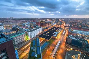 The Hague, Netherlands cityscape overlooking Den Haag HS railway station at twilight