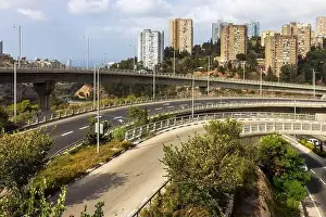 Directly Above Prints: HAIFA, ISRAEL - September 29, 2022: Highway interchange with traffic on multiple levels
