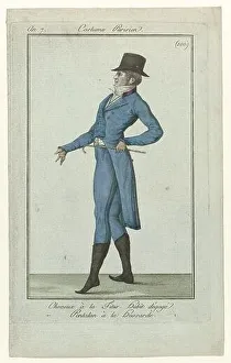 Haircut à la Titus. Habit Dégage vest and long pants or trousers à la hussarde. Accessories: hat, gloves, small cane, boots with pointed noses