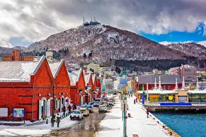 Hakodate, Japan cityscape at the historic Red Brick Warehouses and Mt. Hakodate