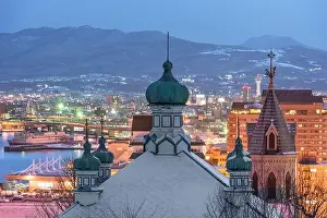 Hakodate, Japan orthodox church and cityscape