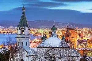 Hakodate, Japan orthodox church and cityscape