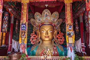 Indus Prints: The top half of a gold statue of Buddha is seen from the colourful top floor of a temple in Thiksey Monastery in Ladakh