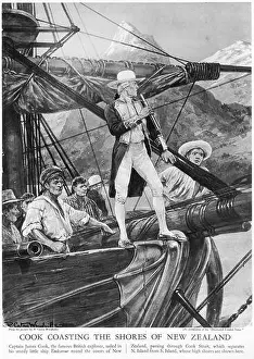 Sailors Prints: Halftone of Captain James Cook coasting the shores of New Zealand
