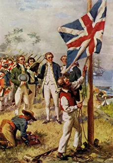 Social Prints: Halftone illustration of James Cook claiming the continent of Australia for his king in 1770
