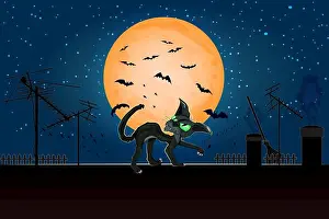 Midnight Prints: Halloween angry cat on roof in full moon