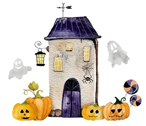 Watercolor Painting Prints: Halloween art watercolor illustration with ghost house and pumpkin for postcard decoration