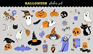 Pumpkins Prints: Halloween cute stickers collection. Hand drawn vector illustration