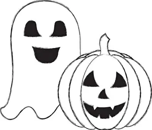 halloween happy pumpkin and ghost cartoon vector illustration hand drawing