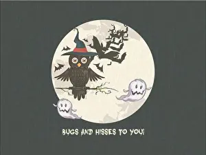 A Halloween themed image of a witch with a black hat and a black owl on a branch. The owl is holding a stick and there are two ghosts in the backgroun