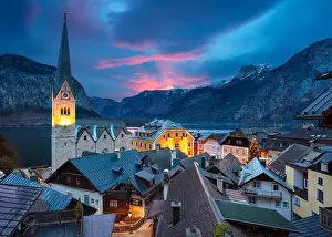 Mountain Ridge Prints: Hallstatt, Austria. Cityscape image of the famous alpine village Hallstatt