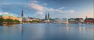 Hamburg, Germany. Panoramic cityscape image of Hamburg skyline during sunset