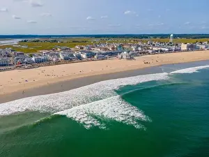 Blvd Prints: Hampton Beach aerial view including historic waterfront buildings on Ocean Boulevard and Hampton Beach State Park