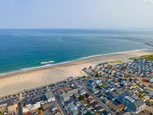 Blvd Prints: Hampton Beach aerial view including historic waterfront buildings on Ocean Boulevard and Hampton Beach State Park