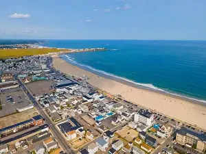 Blvd Prints: Hampton Beach aerial view including historic waterfront buildings on Ocean Boulevard and Hampton Beach State Park