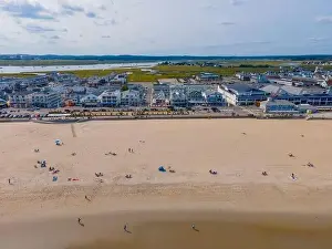 Blvd Prints: Hampton Beach aerial view including historic waterfront buildings on Ocean Boulevard and Hampton Beach State Park