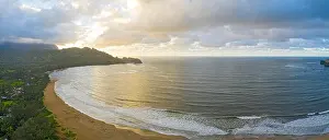 Hanalei Bay Beach Aerial Panorama Sunset Kauai Hawaii Tropical Vacation Destination
