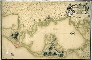 Hand-colored 18th century map of what is the present-day city of Cartagena