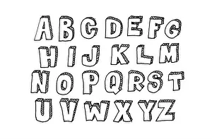 Volumetric Prints: Hand drawn abc, doodle style. Black letters over white background, sketch illustration