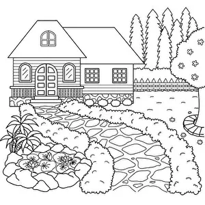 Foot Path Prints: Hand drawn beautiful house and garden for design element and coloring book page