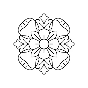 Rosette Prints: Hand drawn black linear classic floral rosette motif