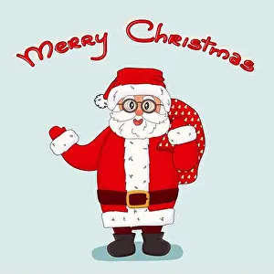 Claus Prints: Hand drawn cartoon Santa Claus is in the hat