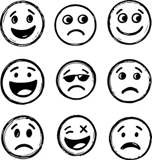 Surprised Prints: Hand-Drawn Doodle Emoji Face Icon Set Diverse Emotions