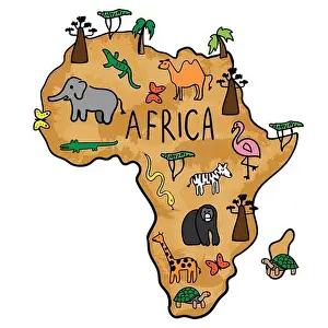 Hand drawn doodle map of Africa. National trees and animals. baobab, giraffe, crocodile, turtle, elephant. Vector illustration