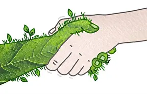 Shaking Hands Prints: Hand drawn Human and green Nature shaking Hands - collage