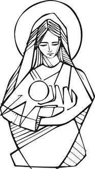 Hand drawn illustration or drawing of Virgin Mary with baby Jesus Christ