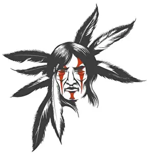 Hand drawn illustration of native american indian warrior. Tribal native american with painted face and feathers. Vector illustration