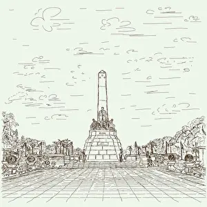 Manila Prints: hand drawn illustration of Philippines famous destination Jose Rizal monument at Luneta park