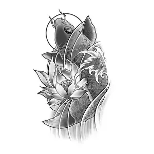 Hand drawn koi fish with lotus flower and water wave tattoo design