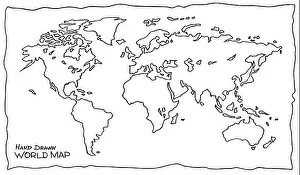 Template Vector Vectors Prints: Hand drawn map of the world. Not exactly precision outline drawing of global map in black and white colors