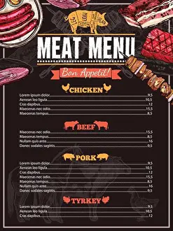 Bacon Prints: Hand drawn meat menu with prices chicken pork turkey and beef dishes vector illustration