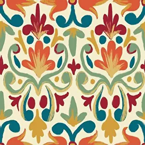 Curtains Prints: Hand drawn seamless pattern of floral damsk with orange red flowers blue sage green leaves on beige background