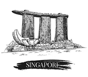 Hand drawn sketch style Singapore Marina Bay city skyline isolated on white background. Vector illustration