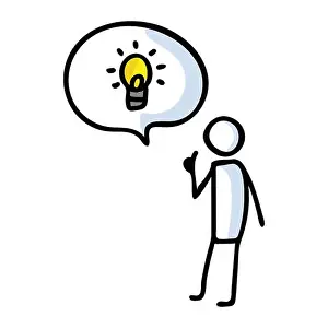 Stickman Prints: Hand drawn stickman with speech bubble lightbulb idea
