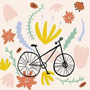 Beige Background Prints: Hand drawn style vector illustration illustration of black bicycle amidst colorful flowers