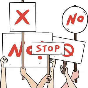 Protesters Prints: Hand drawn vector illustration of protester hand holding protest sign board set