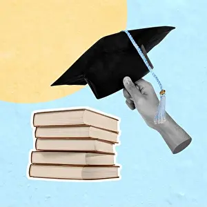 Aspiration Prints: Hand is holding a graduation cap over a stack of books