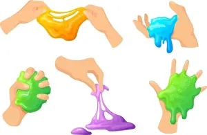 Hand holding slime. Homemade kids toy mucus between fingers hands, sticky slimy colorful funny glue, childish rainbow squeeze snail
