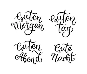 Typescript Prints: Hand lettering Good morning, Good day, Good evening, Good night. German letters