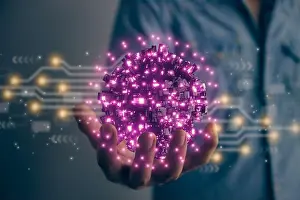 Analyzing Prints: Hand of Man Hold Magenta Sci-Fi Earth Globe or Orb AI Artificial Intelligence Brain System and Circuit Line