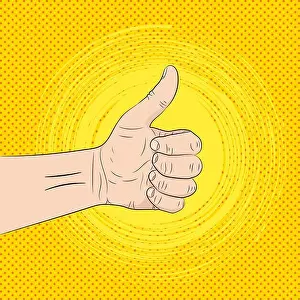 Hand with the thumb lifted up, on the pop art retro background. Vector illustration. Human hand giving ok