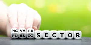 Funds Prints: Hand turns dice and changes the expression 'public sector' to 'private sector'