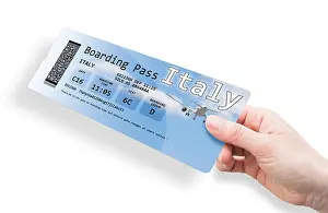 Taking Prints: Hand of a woman holding a airplane ticket to Italy - image isolated on white