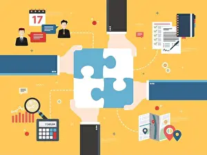 Join Prints: Hands holding puzzle pieces and icons business